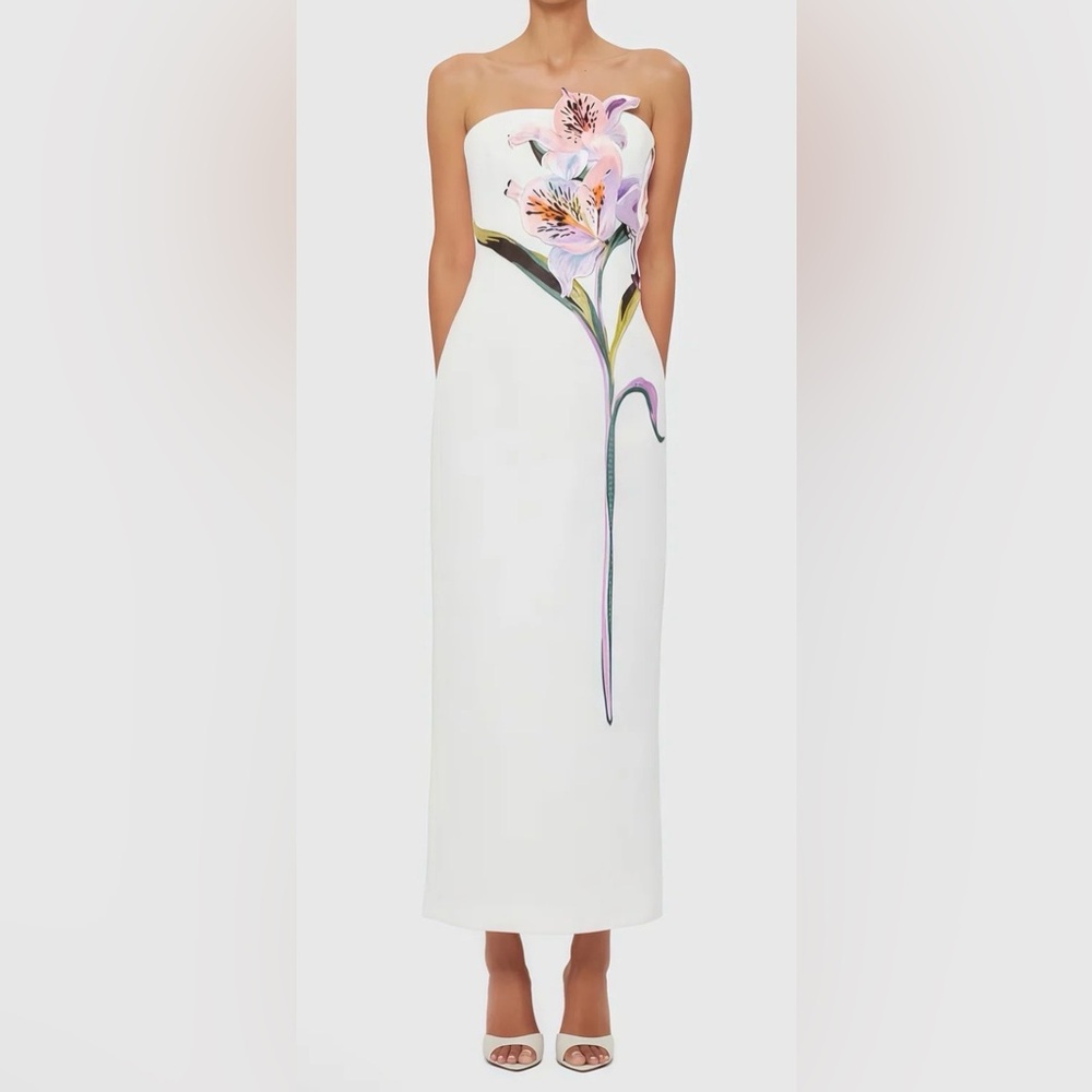 Strapless White Embroidered Floral Dress